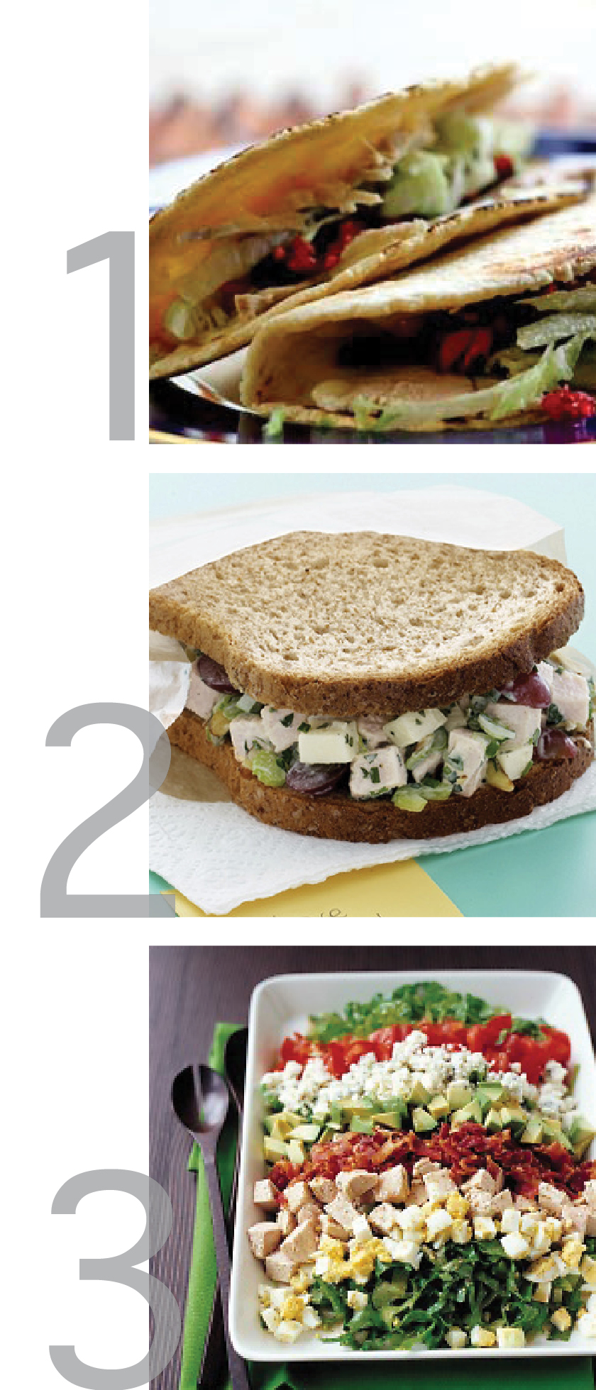 a clean graphic featuring photos of recipes for thanksgiving leftovers including turkey salad sandwiches, turkey tacos with cranberry sauce and turkey cobb salad