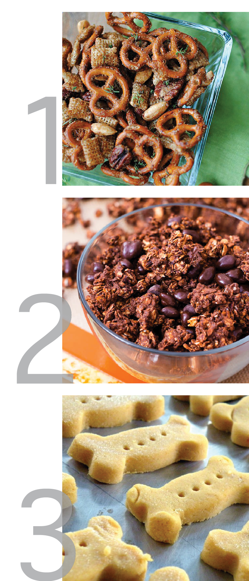 this is a clean designed graphic showing pins from pinterest for triple chocolate granola crunch, pumpkin dog biscuits and sweet and spicy pretzel mix