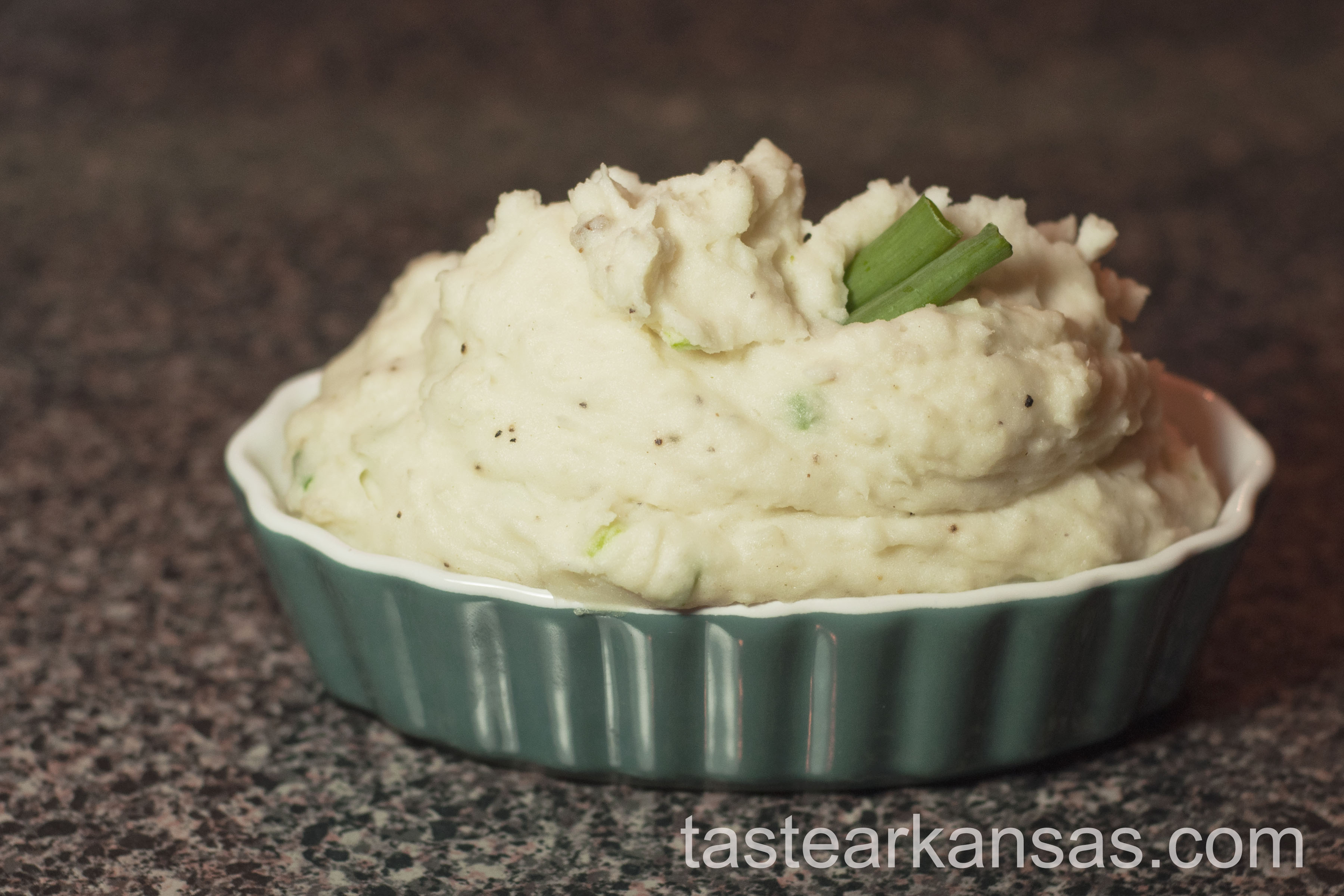this image is of a robust portion of Garlic Chive Creamed Potatoes