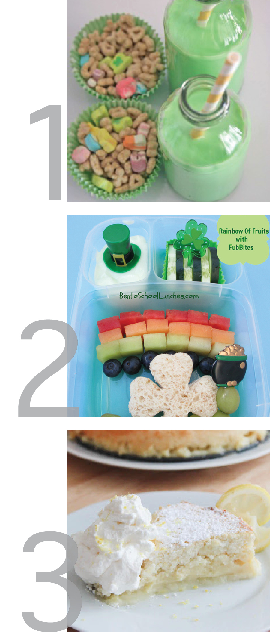 this photo is a graphic of images of the following st. patrick's day recipes, leprechaun breakfast, st. patrick's day bento lunch box and irish lemon pudding