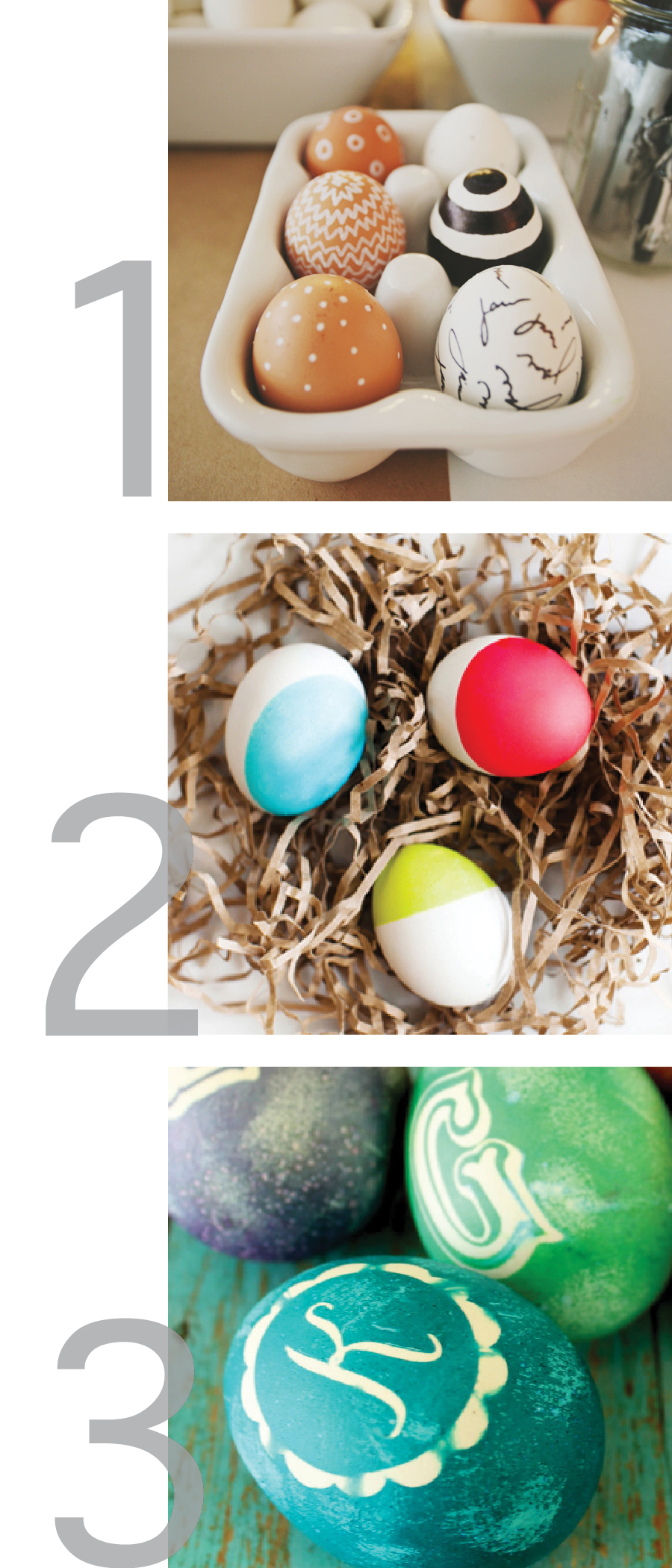 this is a graphic with photos of three different ideas for decorating easter eggs