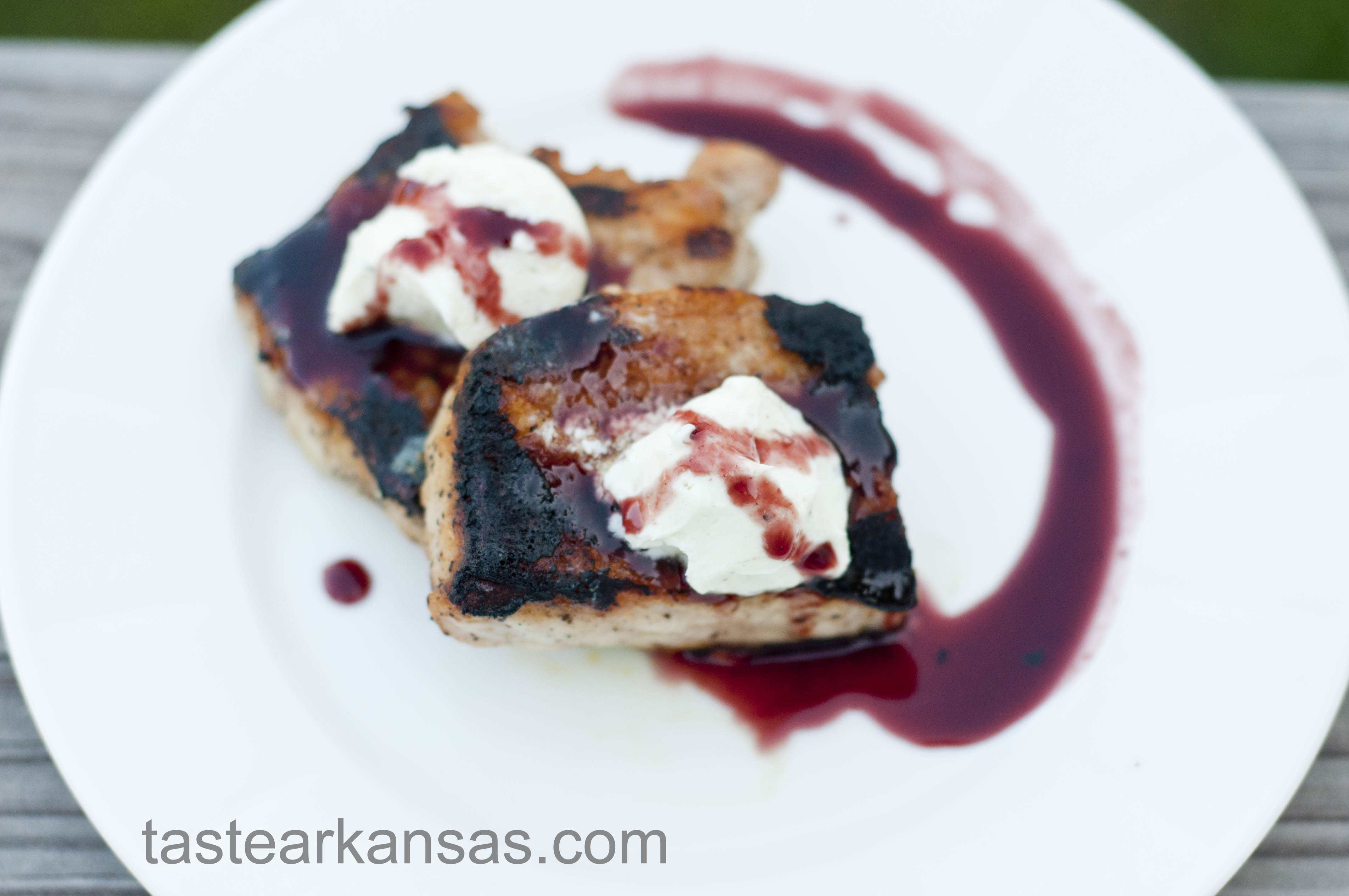 Pork Loin Medallions with Goat Cheese Butter and a Blackberry Balsamic Reduction